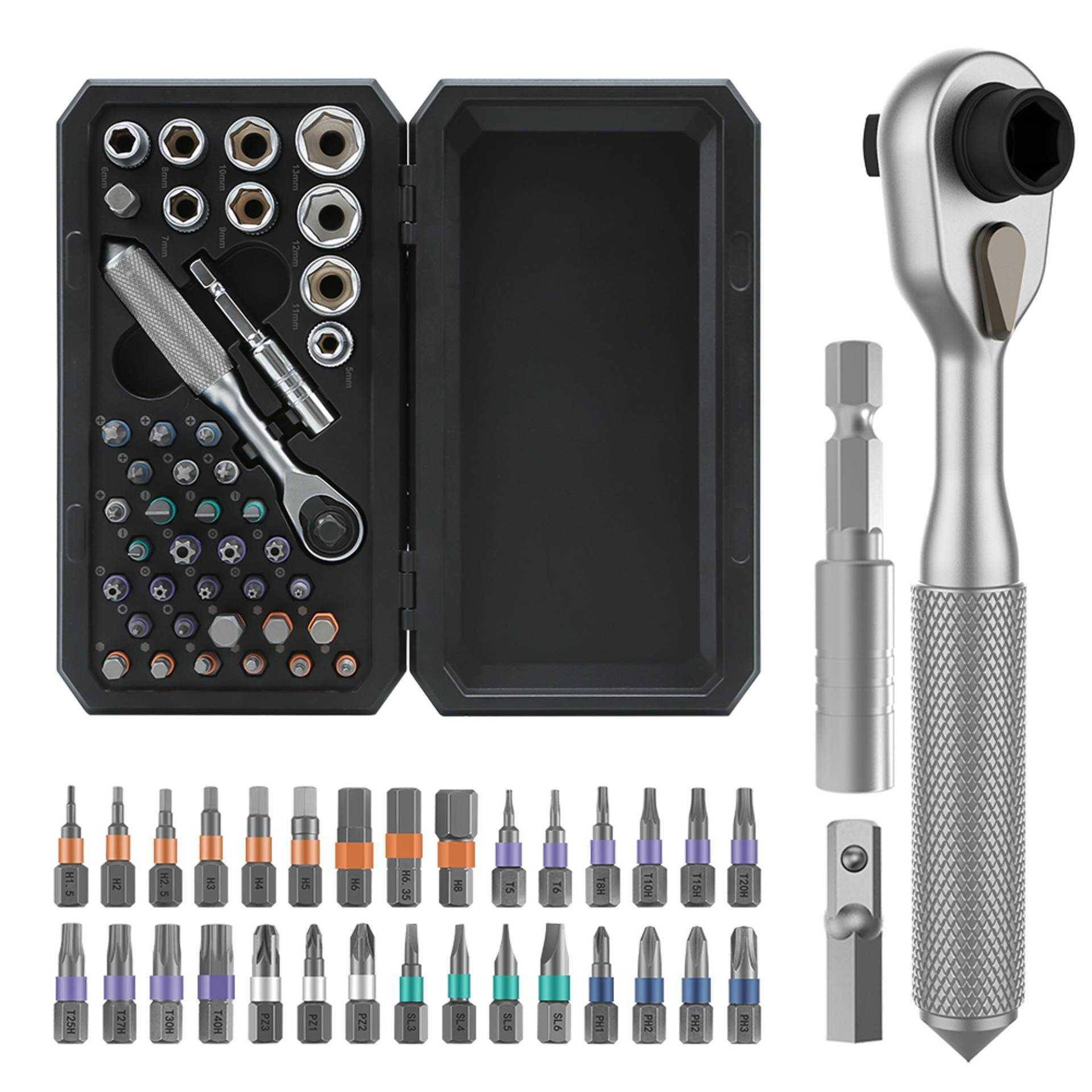 PCWork Feinmechanik Ratschen Set, S2-Stahl Bits, CrV Stecknüsse, magnetisches Case, 42-teilig