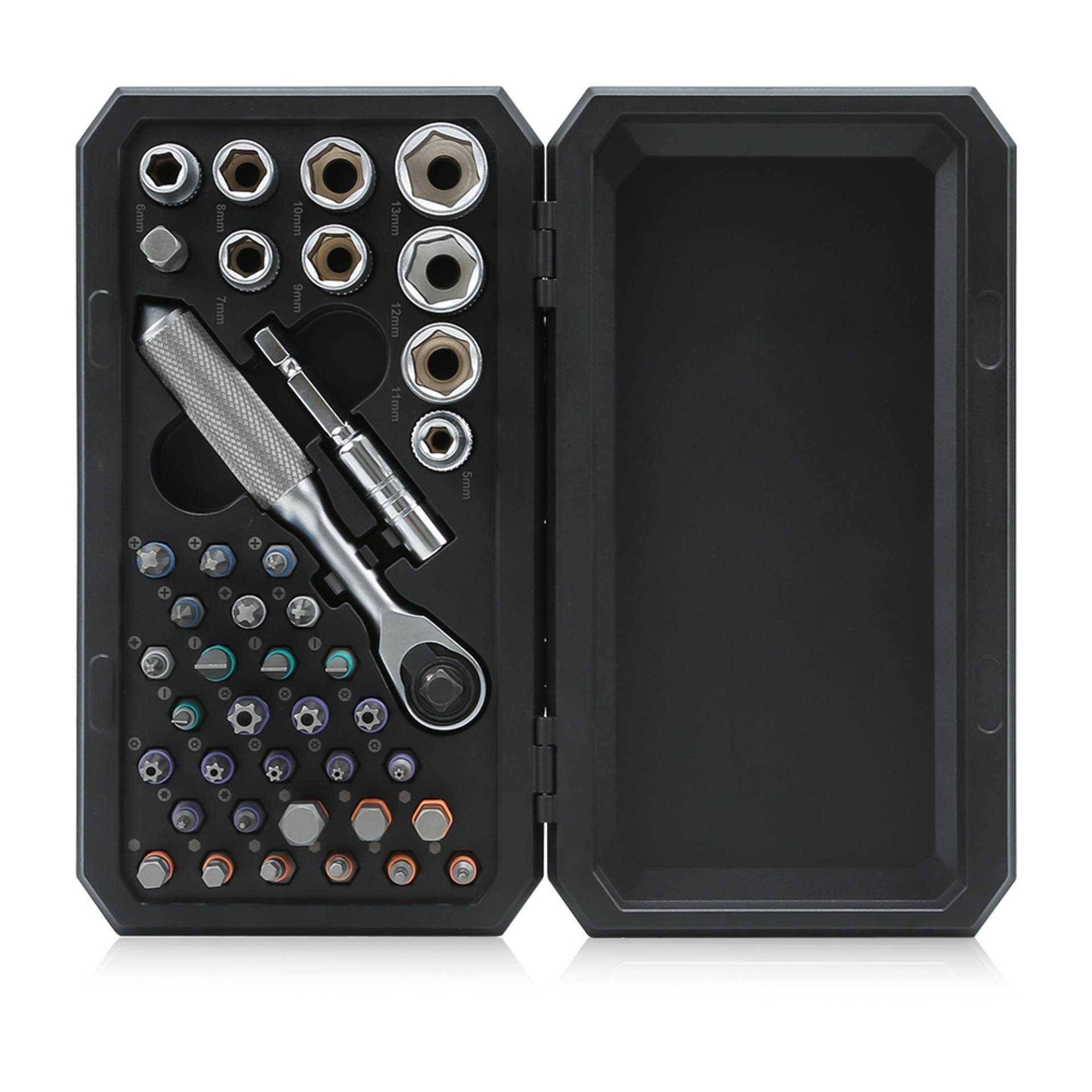 PCWork Feinmechanik Ratschen Set, S2-Stahl Bits, CrV Stecknüsse, magnetisches Case, 42-teilig
