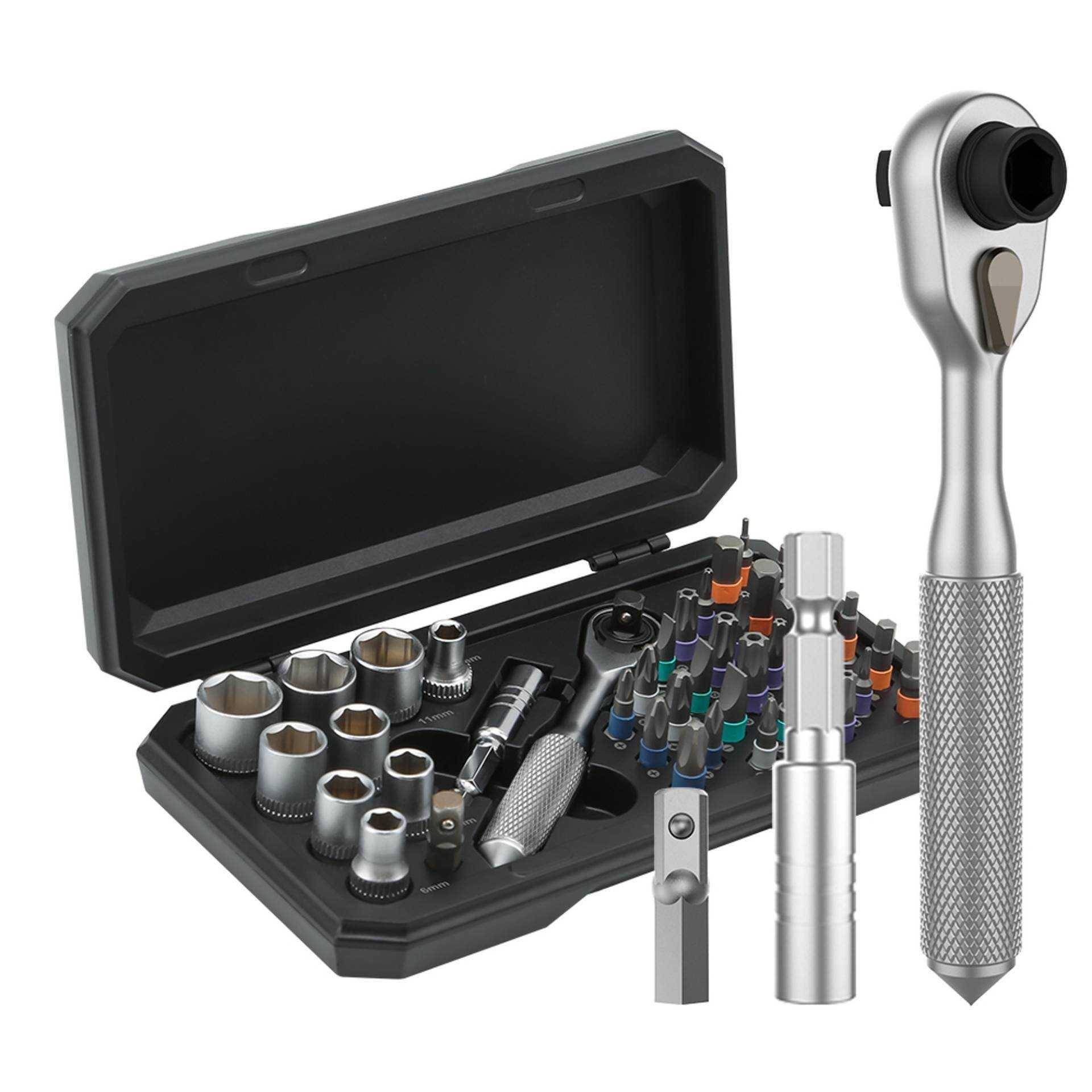 PCWork Feinmechanik Ratschen Set, S2-Stahl Bits, CrV Stecknüsse, magnetisches Case, 42-teilig