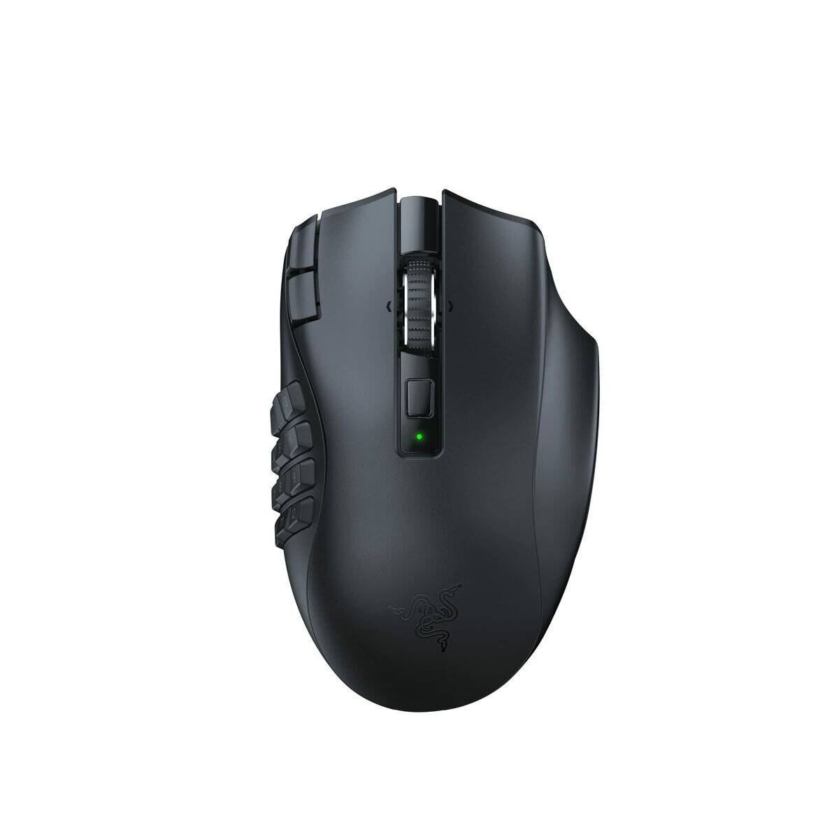Schwarze Razer-Gamingmaus mit Scrollrad, grünem LED-Indikator und programmierbaren Seitentasten auf weißem Hintergrund