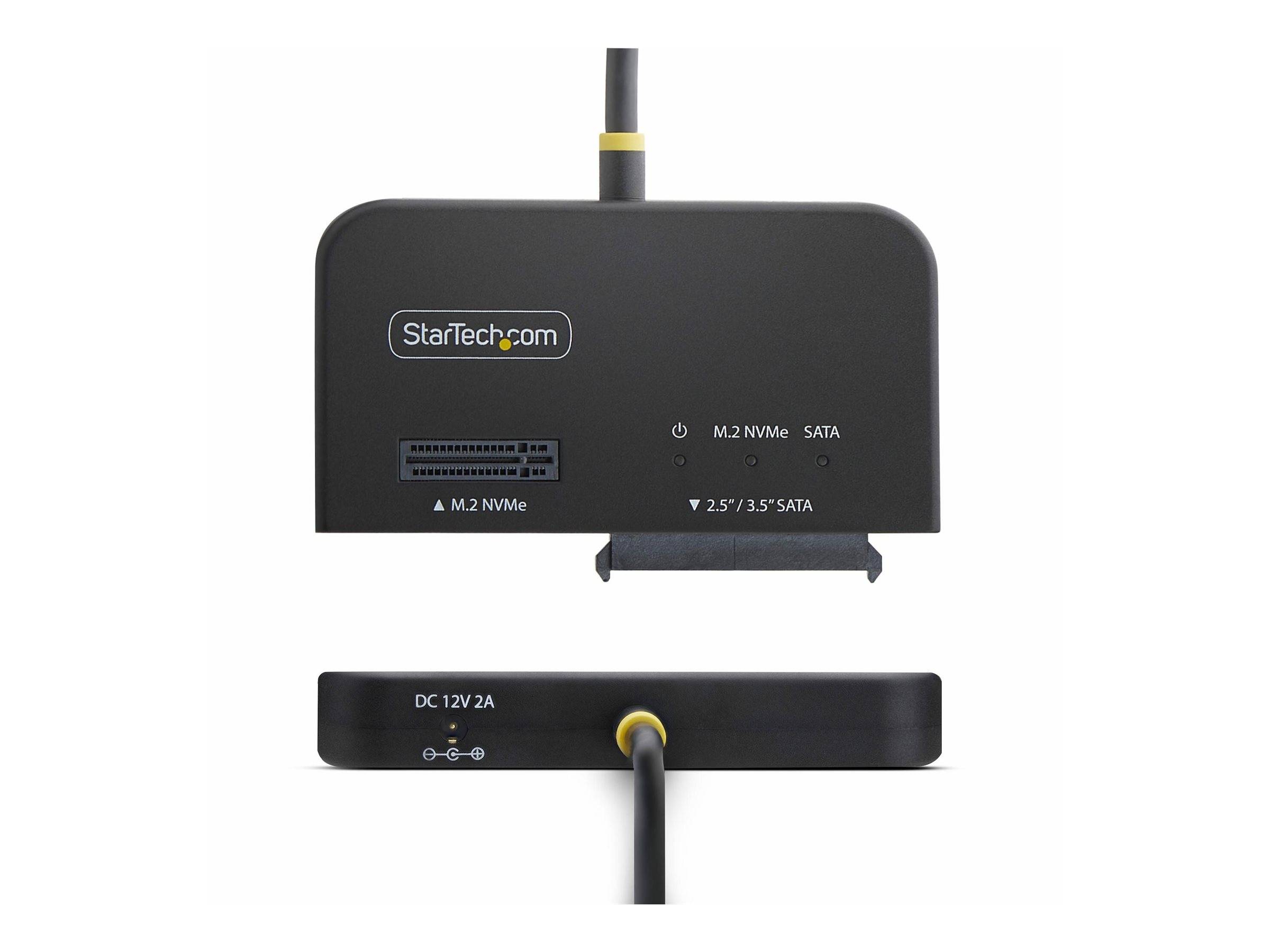 StarTech.com M.2 NVMe/SATA-Laufwerk-Dockingstation von vorne und von der Seite gezeigt, mit Stromversorgungs- und Laufwerk-Status-Beschriftungen und einem angeschlossenen Kabel.