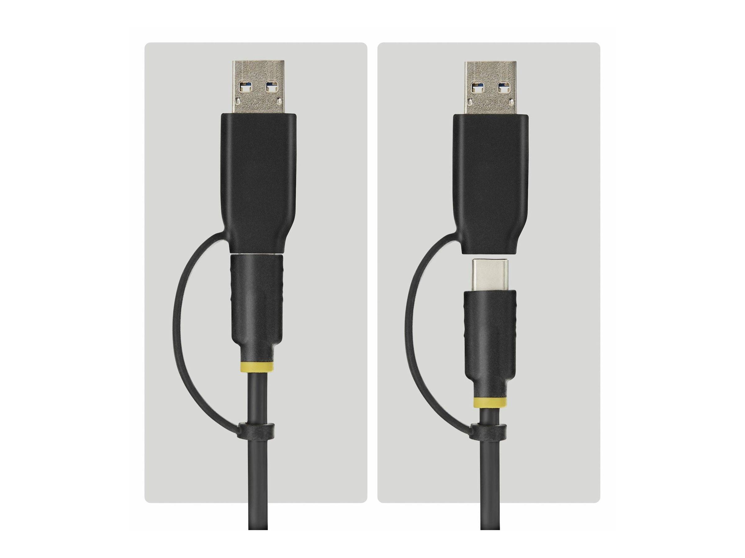 Nebeneinanderstellung einer Abbildung eines USB-Ladekabels mit abnehmbarer magnetischer Spitze, links angeschlossen und rechts getrennt dargestellt.