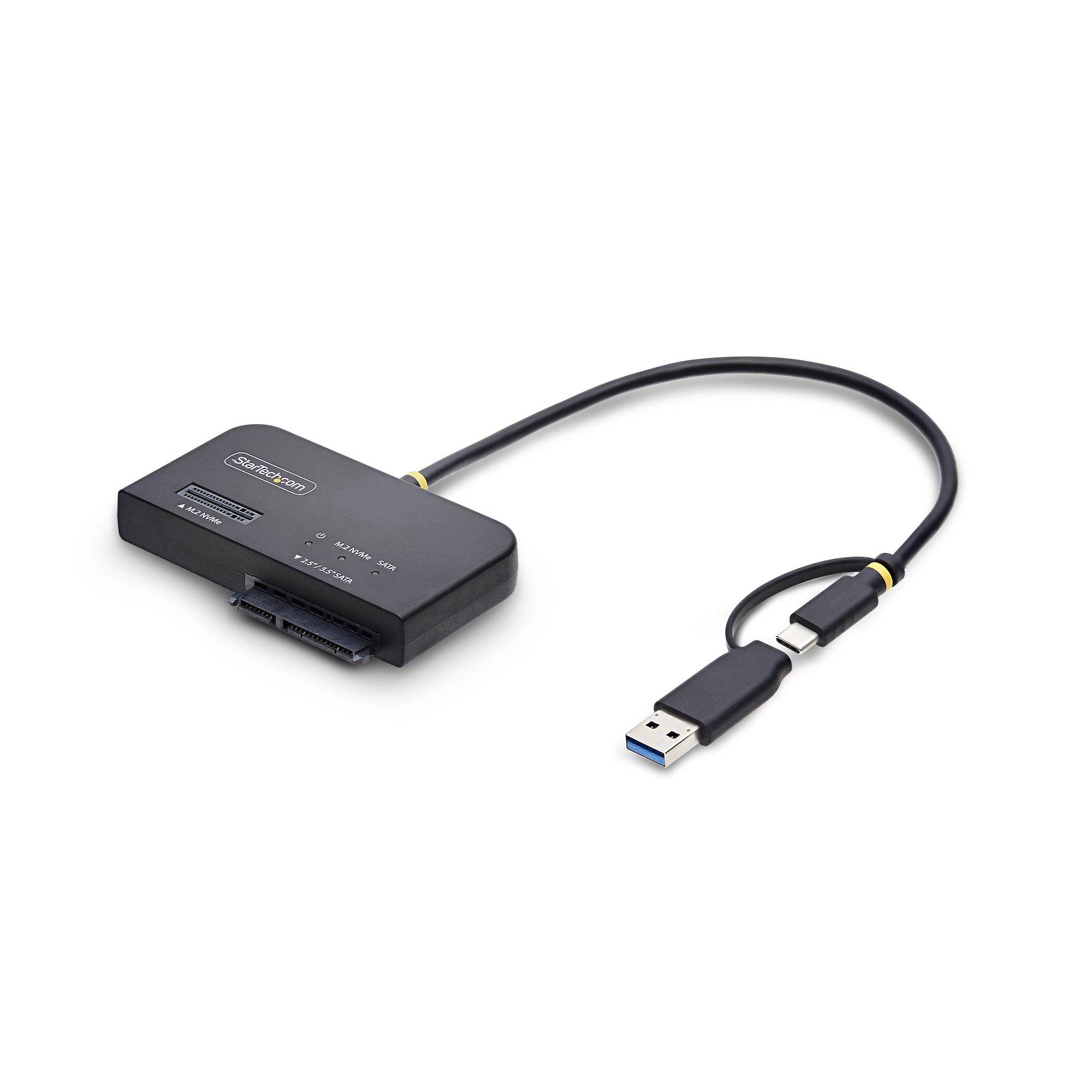 Black StarTech USB 3.0 to SATA Festplatteneradapterkabel mit angebrachtem USB-Stecker und Laufwerkverbinder auf weißem Hintergrund