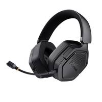 Ein schwarzes kabelloses Gaming-Headset mit angebautem Mikrofon, ausgestattet mit einem gepolsterten Kopfbügel und Ohrmuscheln für Komfort.