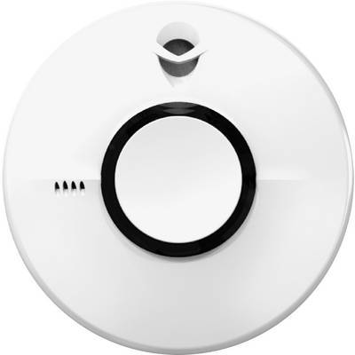 Ein weißer runder Rauchmelder mit einer zentralen Taste und Lüftungsschlitzen an der Seite, entwickelt zur Decken- oder Wandmontage zur Rauchentdeckung.