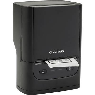 Ein schwarzer Olympia-Bondrücker mit kleinem Display und zwei Tasten. Ein teilweise gedruckter Bon ragt aus dem vorderen Schlitz heraus.