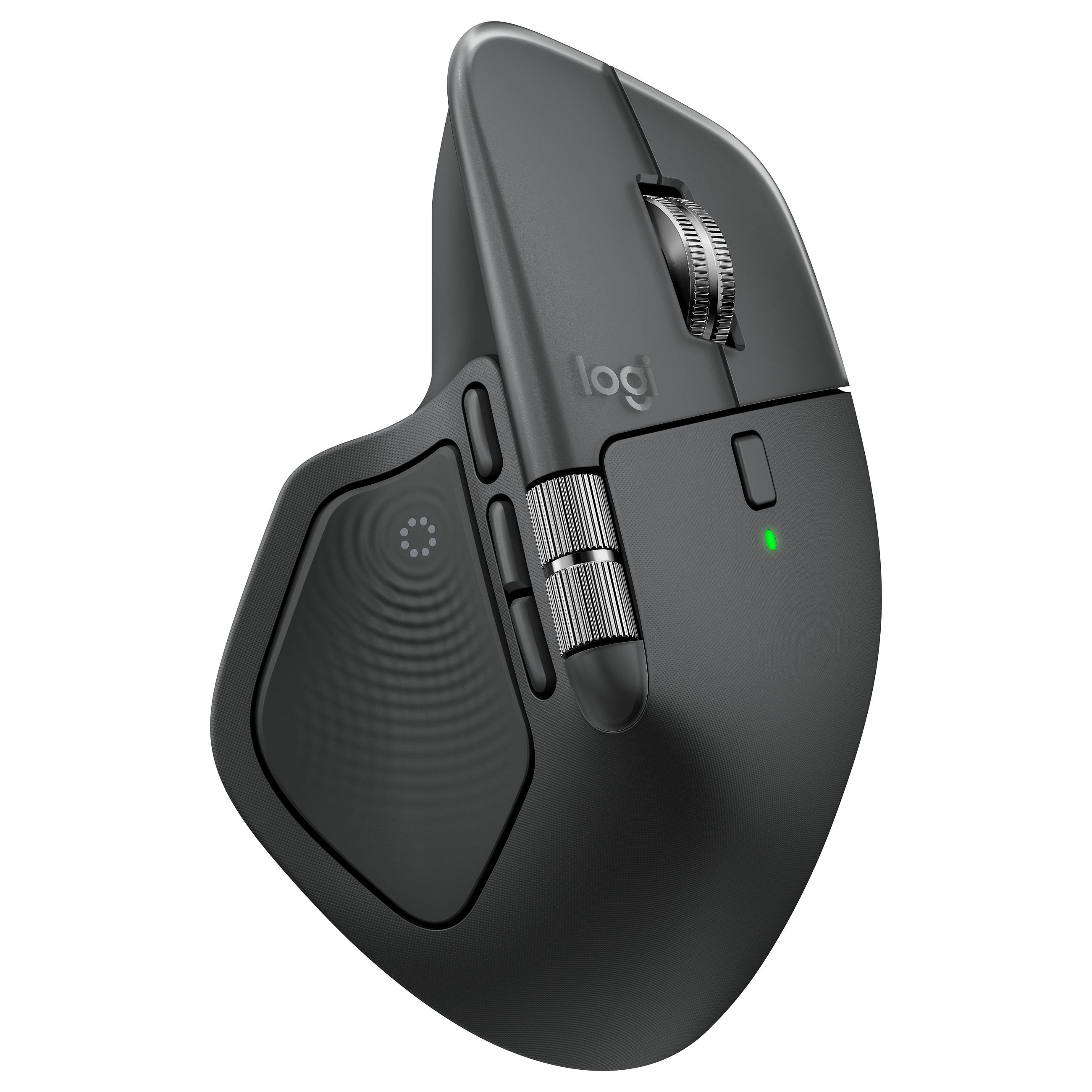 Eine kabellose ergonomische Maus in vertikaler Ausrichtung mit einem Scrollrad und Tasten, die ein grau-schwarzes Design aufweist.
