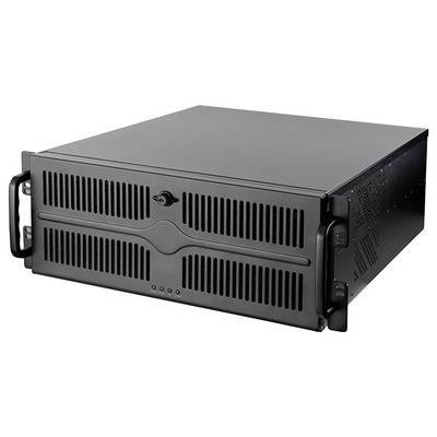 Schwarzes Server-Rackmontagechassis mit Belüftungsschlitzen und rechteckigem Design, ausgestattet mit vorderen Griffen für einfache Installation in Serverumgebungen.