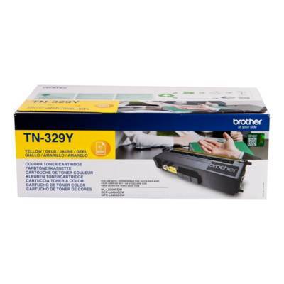 Brother TN-329Y Gelber Tonerpatrone Verpackung, zeigt das Bild der Patrone und mehrsprachige Produktdetails für die Verwendung in Druckern.