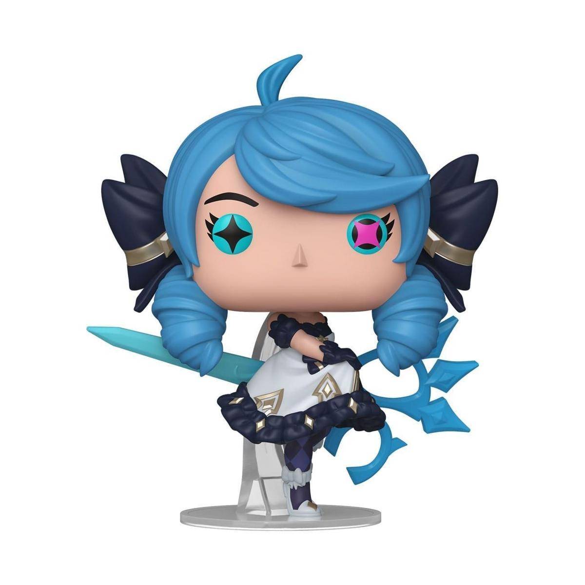 Eine blauharige Figur mit sternenförmigen Augen, die ein Schwert hält und weiß-schwarze Kleidung trägt, mit großen Schleifen im Haar.