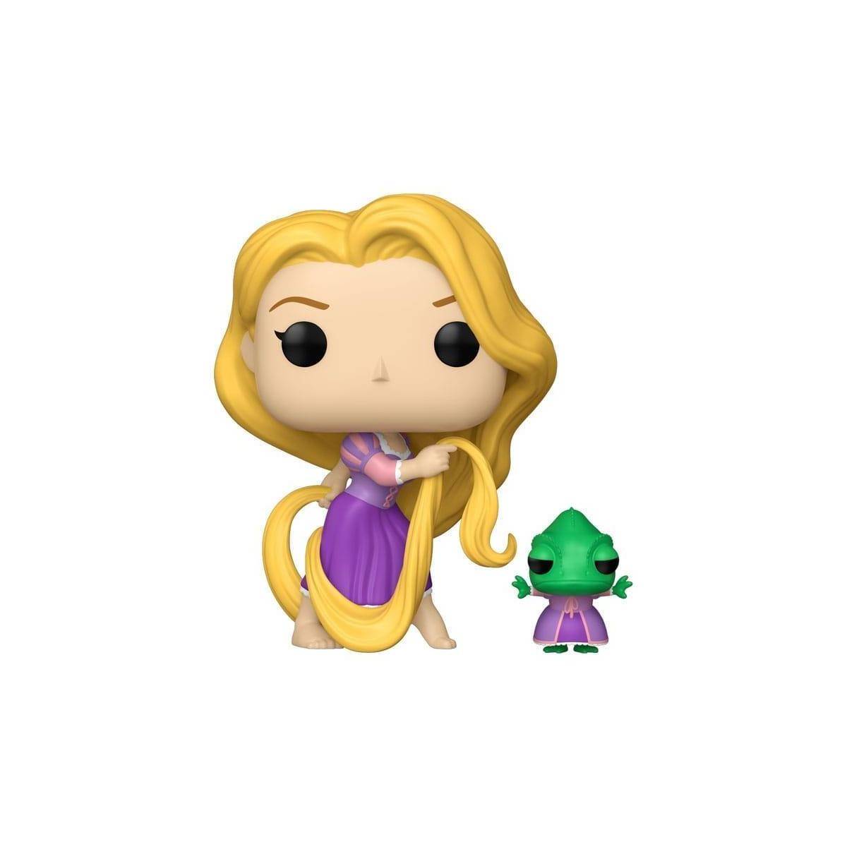 Eine stilisierte Spielfigur mit langem blondem Haar und violettem Kleid steht neben einer kleinen grünen Echsenfigur.
