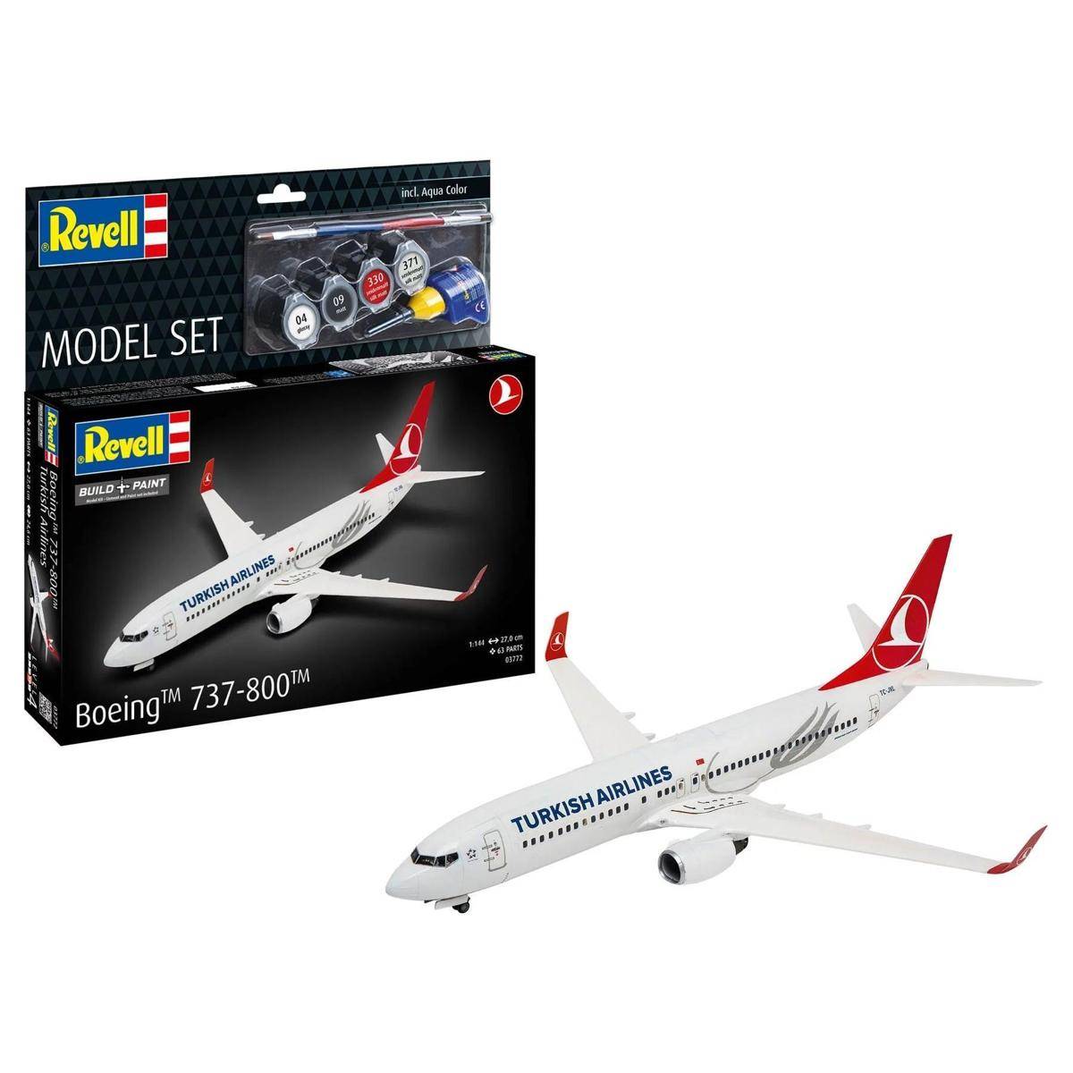 Revell-Modellset zeigt ein Flugzeug vom Typ Boeing 737-800 der Turkish Airlines. Enthält Montageteile und Farben, dargestellt in der Verpackung.