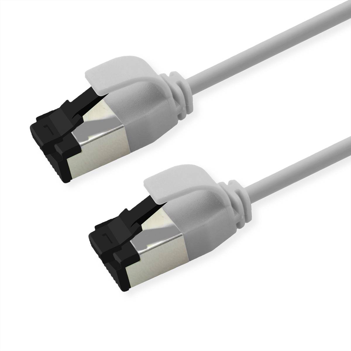 Zwei graue Ethernet-Kabel mit Metallsteckern auf weißem Hintergrund, die auf Netzwerk- oder Internetverbindungszwecke hindeuten.