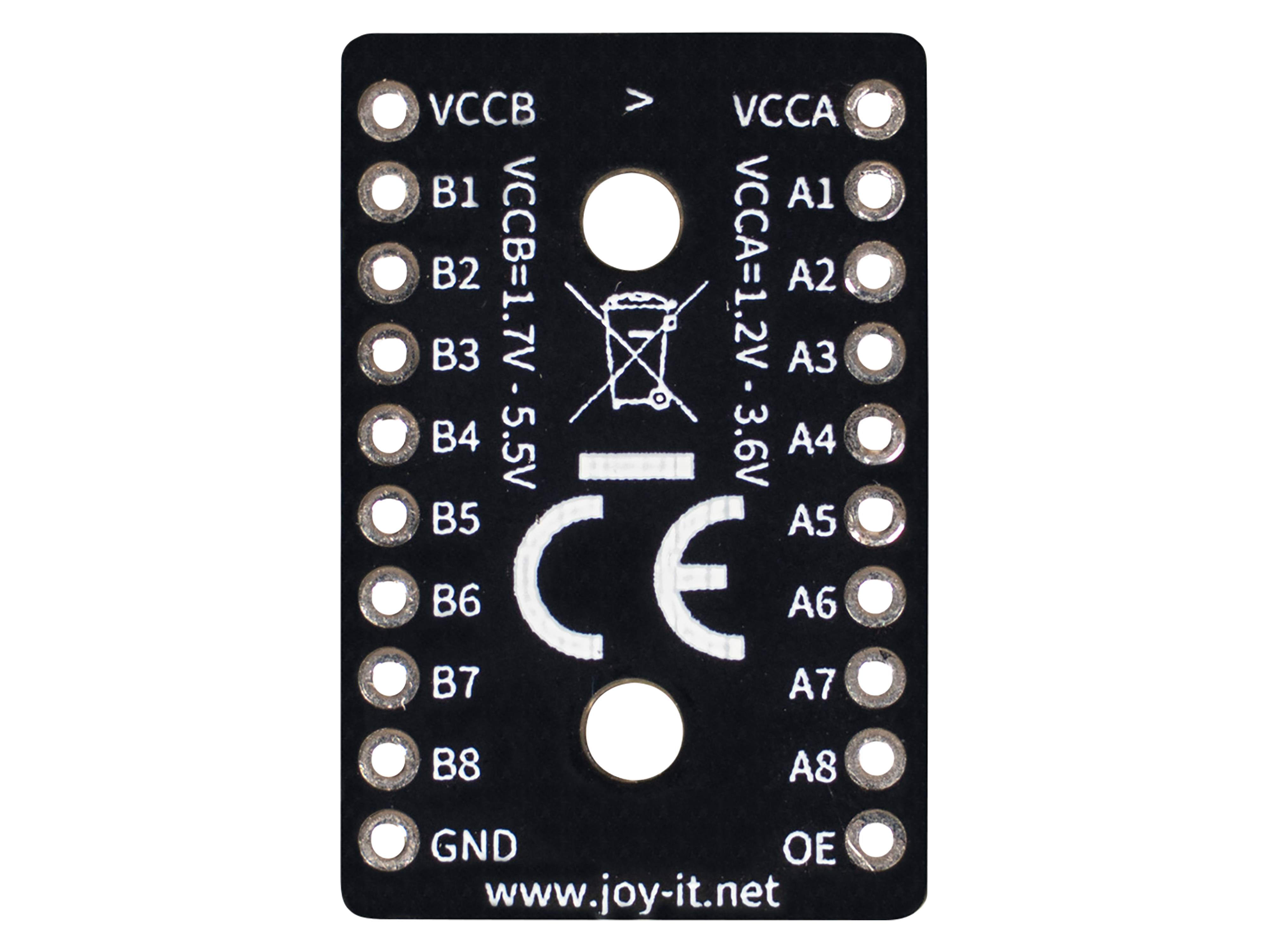 Logik-Pegelwandler-Platine mit mehreren Pin-Verbindungen. Linke Seite mit VCCB 1,7V-5,5V beschriftet, rechte Seite VCCA 1,2V-3,6V.