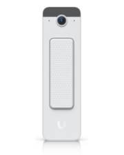 Eine weiße rechteckige Türklingel mit einer kleinen kreisförmigen Kamera oben, mit einem strukturierten Knopf in der Mitte und einem Logo unten.