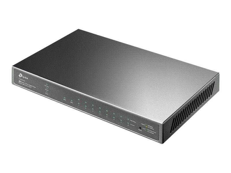 Ein TP-Link-Netzwerk-Switch zur Rackmontage mit mehreren Frontplattenanschlüssen und Status-LEDs, gezeigt in einer Dreiviertelansicht auf weißem Hintergrund.