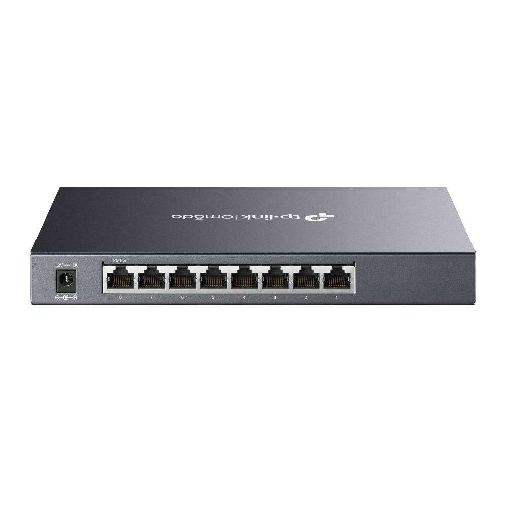 Frontansicht eines TP-Link Ethernet-Netzwerk-Switches mit acht RJ45-Anschlüssen und einer Stromversorgungseingabe auf der linken Seite.
