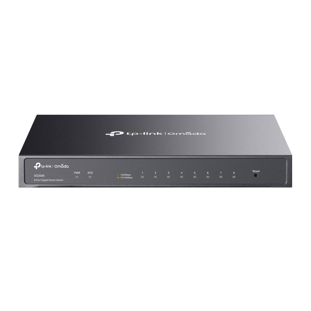 TP-Link Omada Rack-Mount-Netzwerk-Switch mit LED-Statusanzeigen an der Vorderseite, nummerierten Anschlüssen und Reset-Taste auf weißem Hintergrund