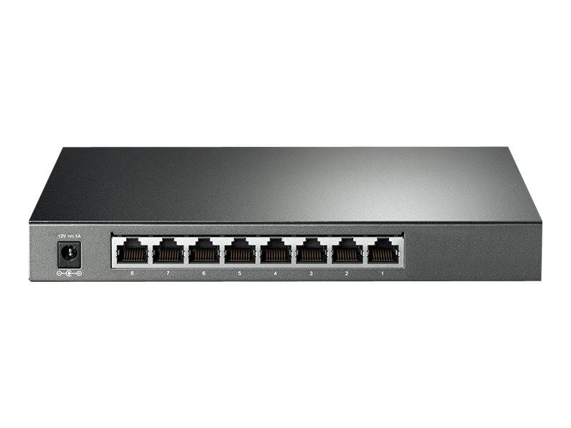 Vorderansicht eines Netzwerk-Switches mit einem Stromversorgungsanschluss auf der linken Seite und acht Ethernet-Anschlüssen, die mit 8 bis 1 auf der Frontplatte beschriftet sind.