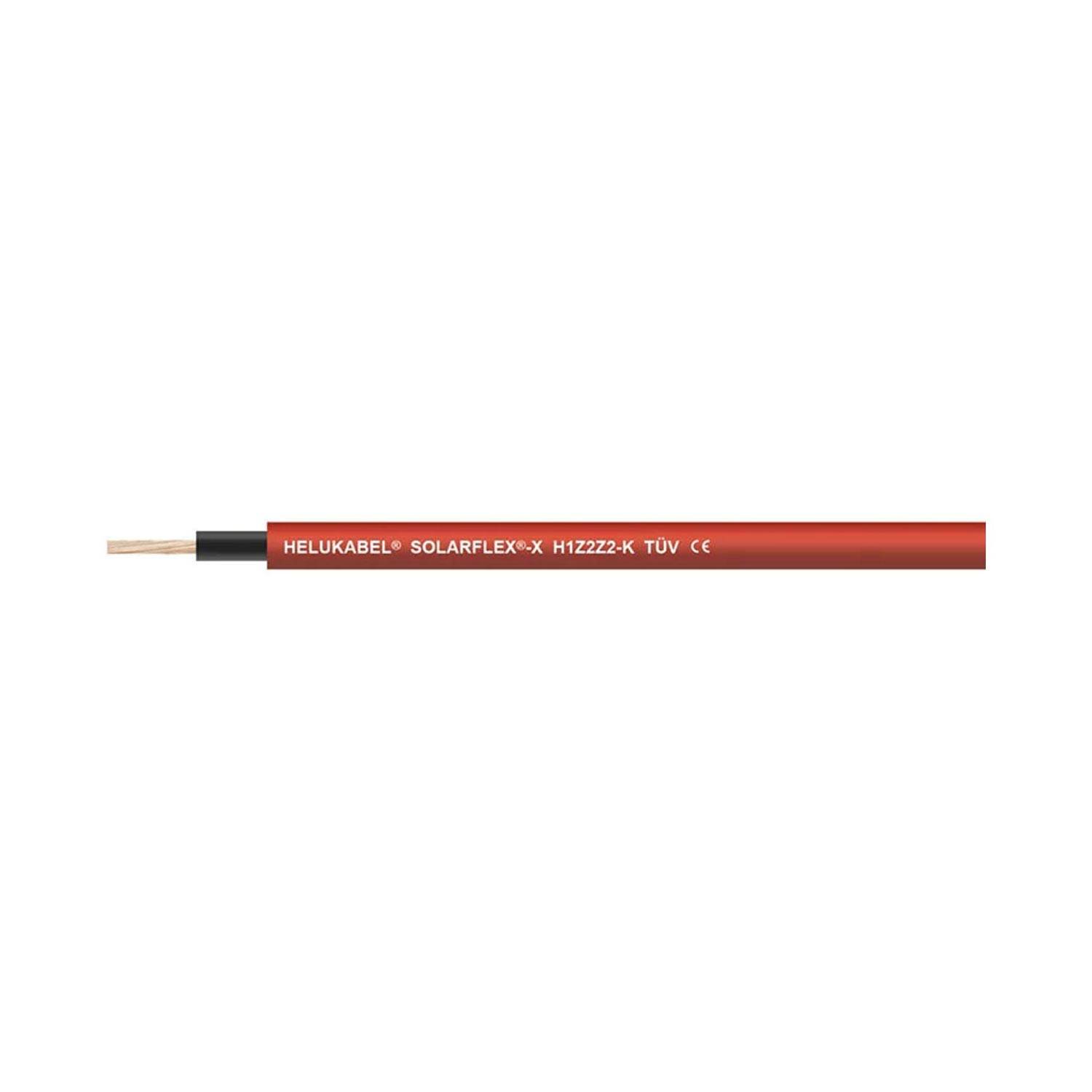 Rotes Elektrokabel mit der Bezeichnung „HELUKABEL SOLARFLEX-X H1Z2Z2-K TUV CE