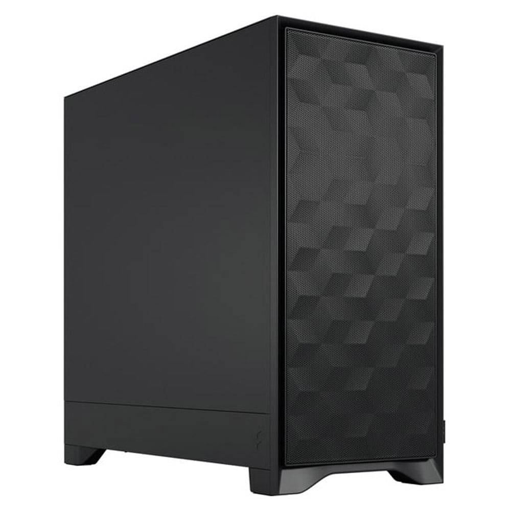 Ein schlanker schwarzer Computerturm mit strukturierter Frontplatte, entworfen für moderne Desktop-Setups.