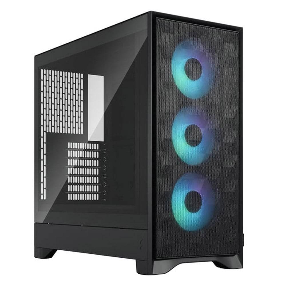 Ein Computerturm mit einem transparenten Seitenpanel und drei vorderen RGB-Lüftern, die blaues und violettes Licht anzeigen.