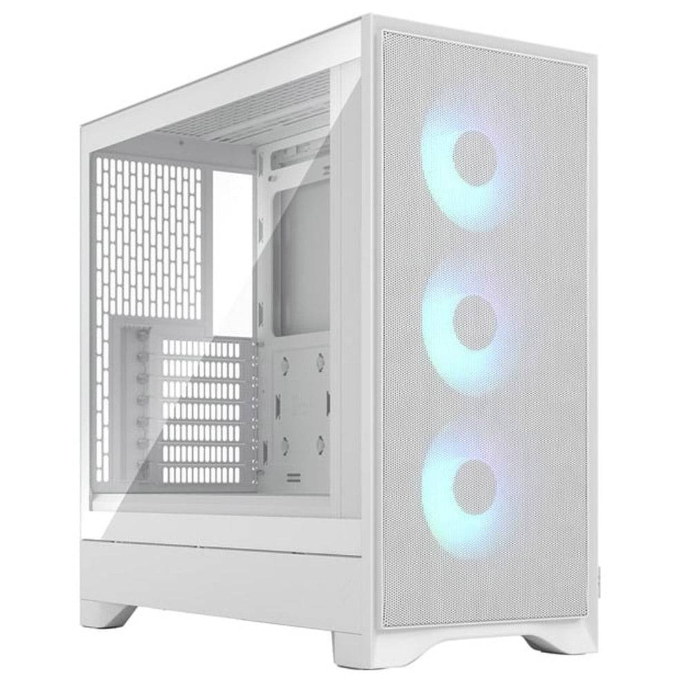 Weißes Computergehäuse mit einer Mesh-Frontblende mit drei integrierten RGB-Lüftern, transparentem Seitenpanel und mehreren Belüftungsöffnungen zur Kühlung.