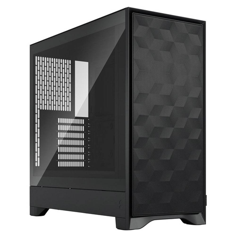 Ein schwarzes, modernes Computergehäuse mit Mesh-Frontplatte und transparentem Seitenpanel, das Schlitze für Luftstrom und interne Komponenten zeigt.