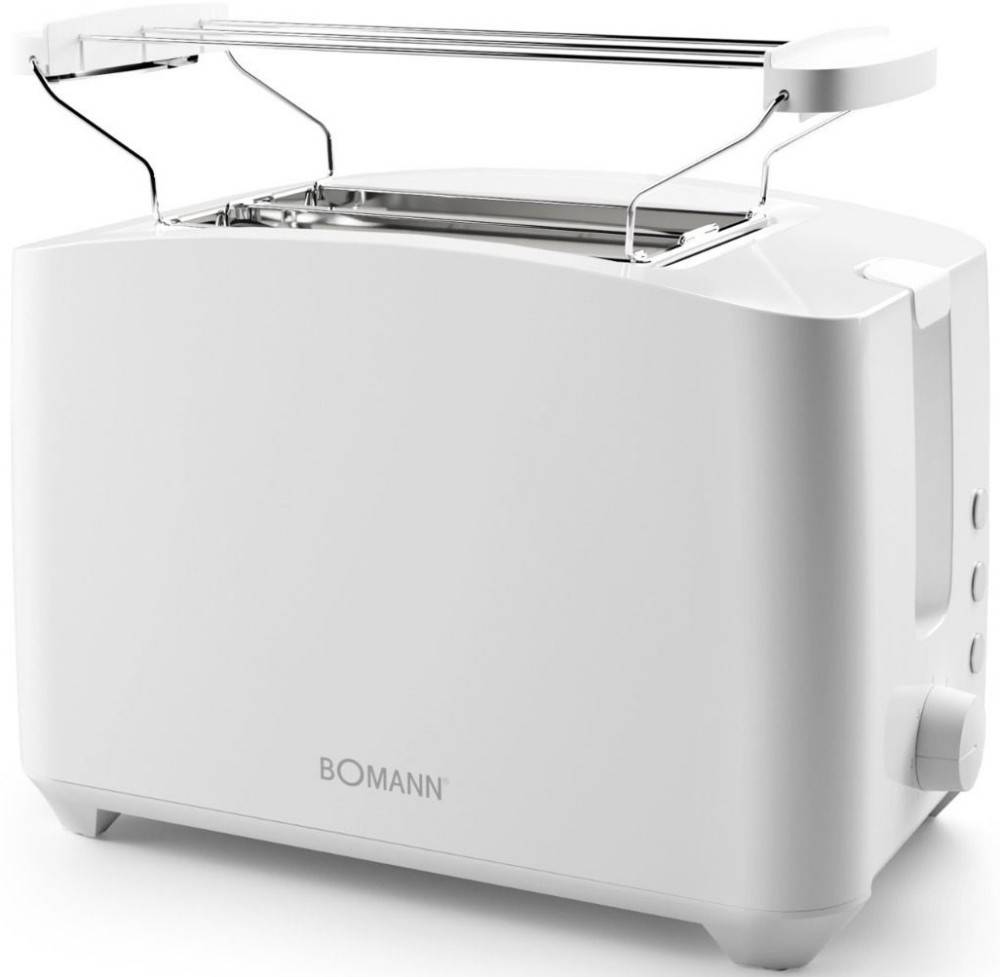Weißer Toaster mit Toasthalter oben, auf der Vorderseite mit 
