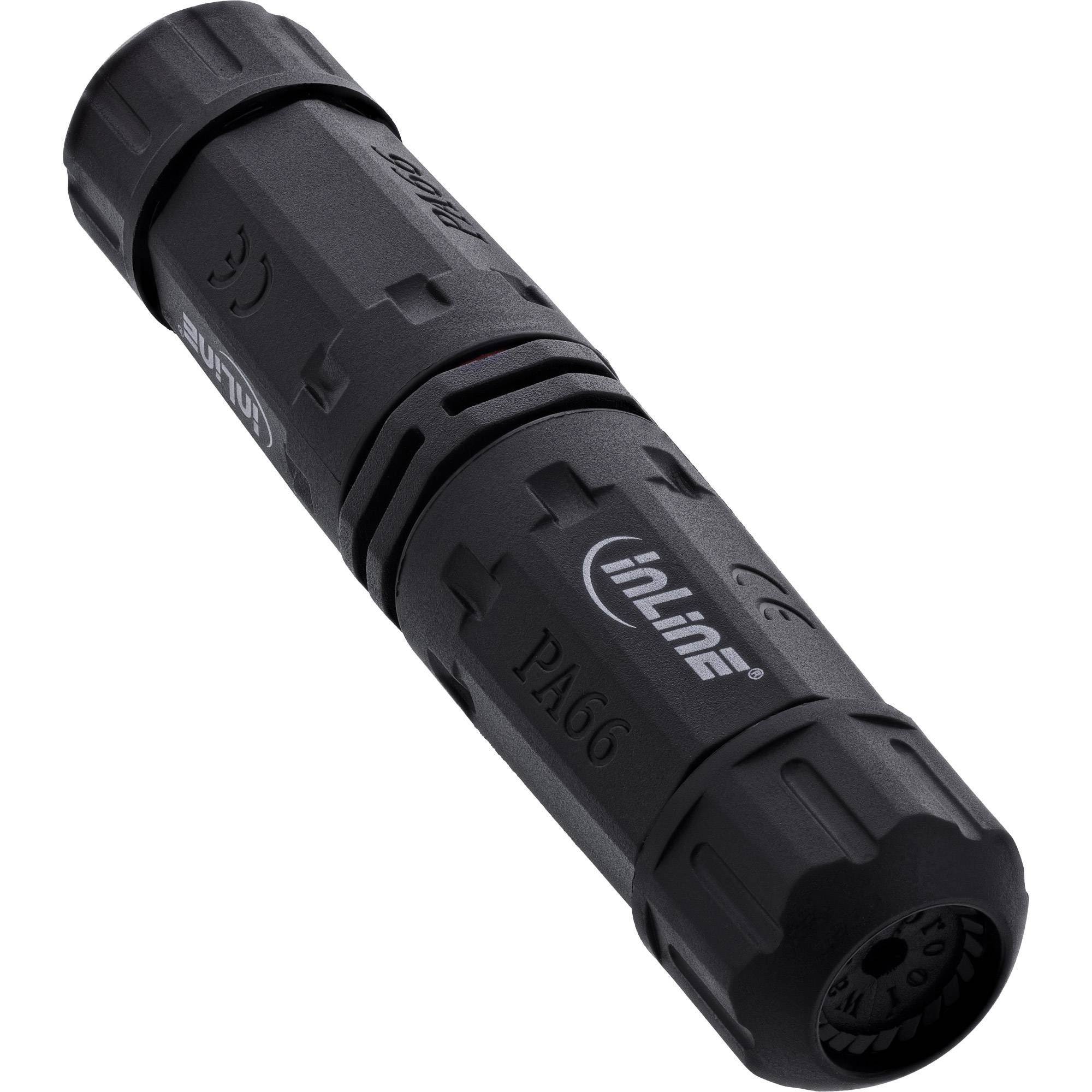 Ein schwarzer zylindrischer Inline-Steckverbinder mit Griffenden und eingraviertem Text 