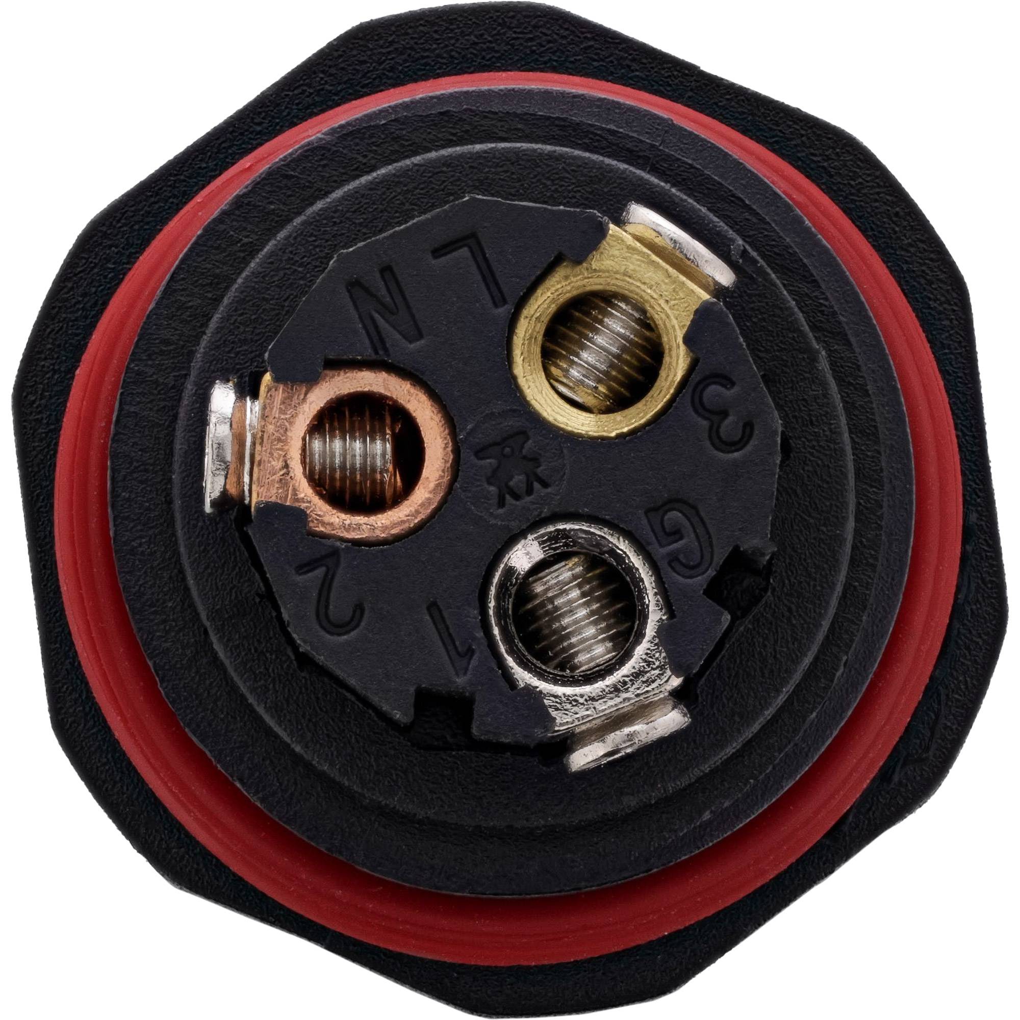 Ein schwarzer elektrischer Stecker mit drei beschrifteten Metallbuchsen: „L