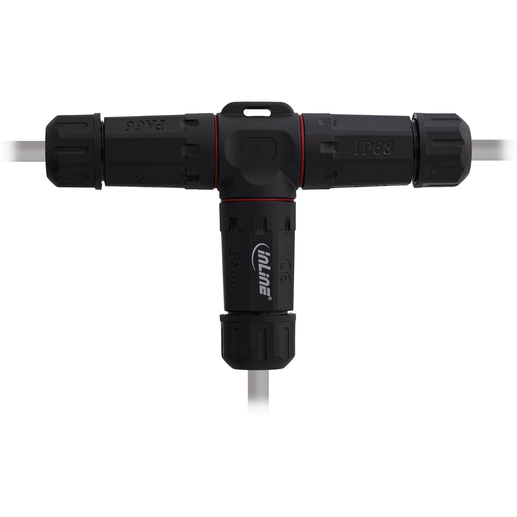 Ein schwarzer T-förmiger wasserdichter elektrischer Stecker mit der Bezeichnung IP68, mit drei zylindrischen Enden mit Schraubkappen und sichtbaren Kabeln.