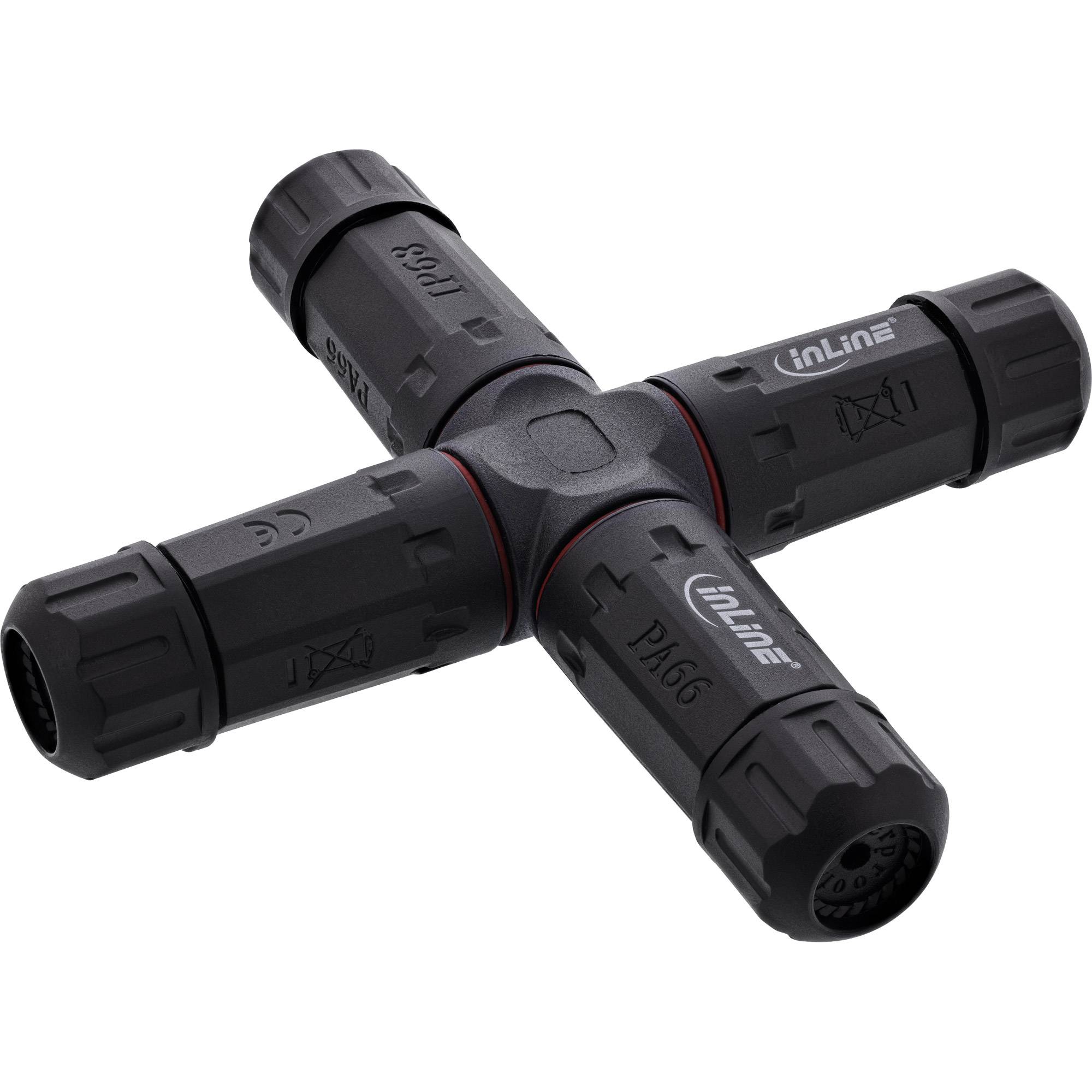 Ein schwarzer vierfach Stromstecker mit gekennzeichneten Enden, entwickelt für die sichere Verbindung von Kabeln oder Drähten in einer Kreuzkonfiguration.