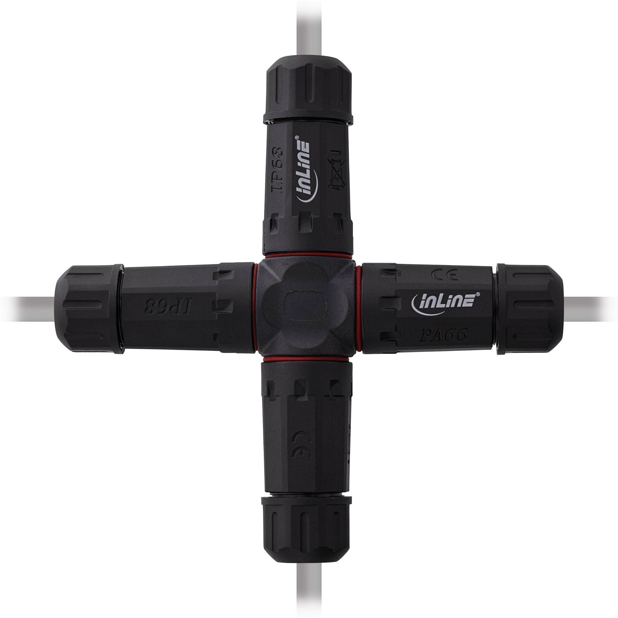 Ein schwarzer inline Kabelstecker mit vier Anschlüssen in Kreuzform angeordnet, zeigt das Markenlogo und technische Spezifikationen wie 'IP67'.