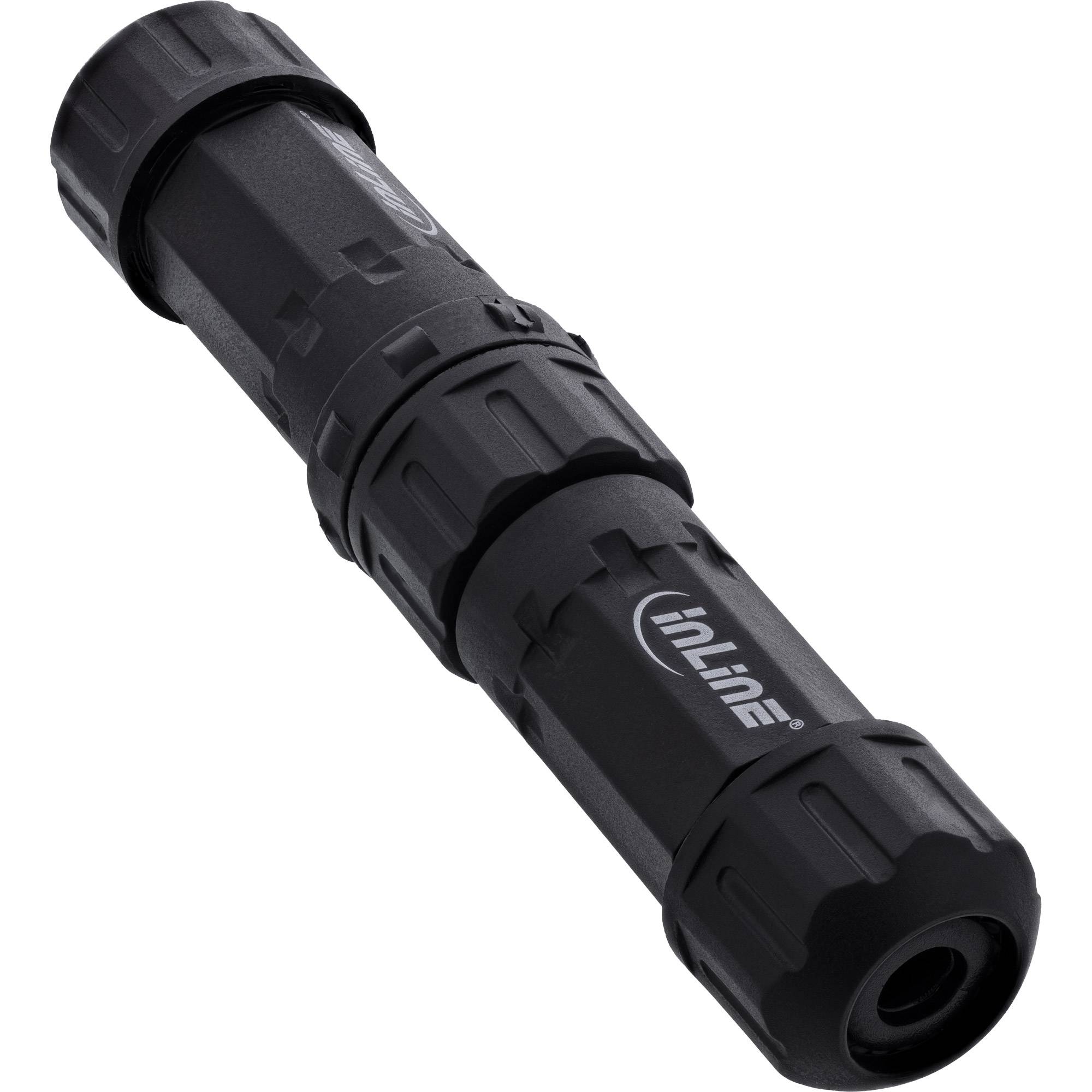 Eine schwarze, zylindrische Taschenlampe mit detaillierten Griffen an beiden Enden und dem Markennamen 'Thuline' auf der Seite gedruckt.