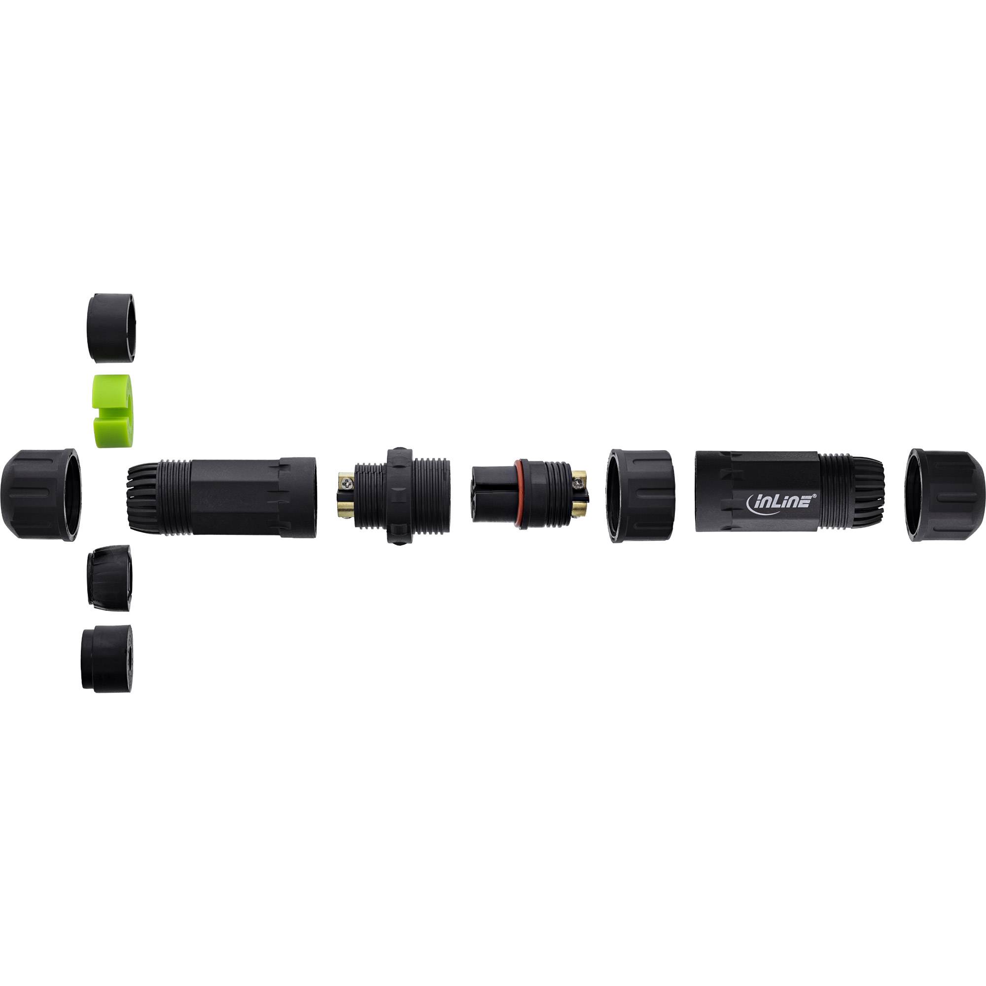 Inline-Wasserdichtverbinder-Komponenten in Montagereihenfolge angeordnet, zeigt Kappen, Dichtungen und Gewindelabschnitte für sichere Kabelverbindungen.