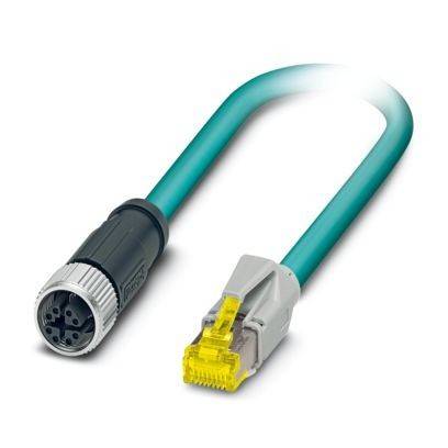 Ein türkisfarbenes Ethernet-Kabel mit einem grauen Stecker auf der einen Seite und einem runden schwarzen Stecker auf der anderen Seite.