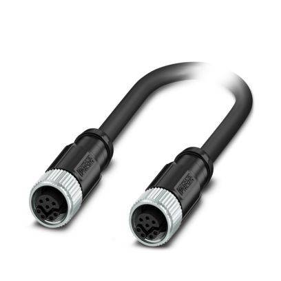 Ein schwarzes und graues U-förmiges Kabel mit runden Steckverbindern an beiden Enden, konzipiert für Verbindungen von Industrie- oder Elektronikgeräten.