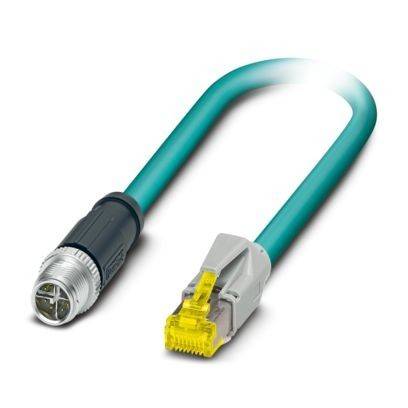 Ein türkisfarbenes Ethernet-Kabel mit einem metallischen runden Stecker auf der einen Seite und einem gelb beschichteten RJ45-Stecker auf der anderen Seite, das für Netzwerkverbindungen verwendet wird.