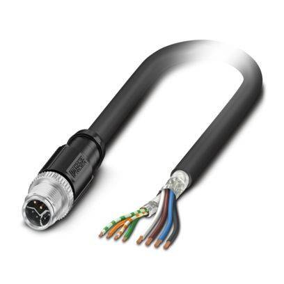 Ein grünes Kabel mit kreisförmigen Steckverbindern an jedem Ende, bestehend aus Metall- und Kunststoffkomponenten, wird zur Übertragung von elektrischen Signalen verwendet.