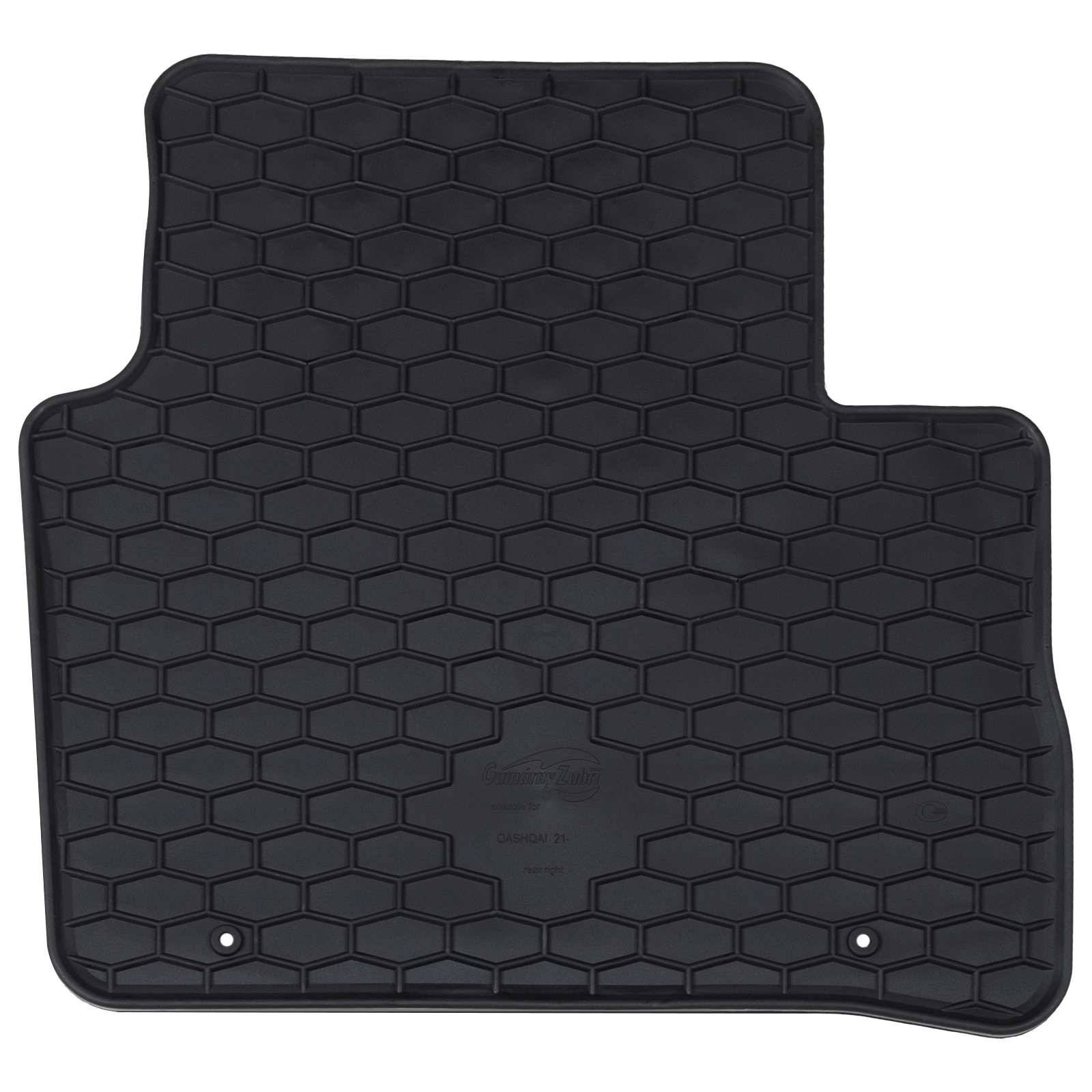Schwarze Gummiauto-Fußmatte mit sechseckigem Muster und zwei Befestigungslöchern.