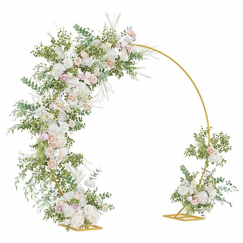 Kreisförmiger Blumenbogen mit rosa und weißen Rosen, Grünwerk und weißen Blüten, auf einem goldenen Rahmen.