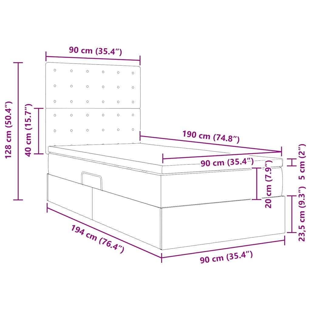 Bettdiagramm mit Abmessungen: Höhe 128 cm, Breite 94 cm, Länge 194 cm. Kopfteil 90 cm breit. Weitere Messwerte reichen von 15,7 cm bis 39,5 cm.