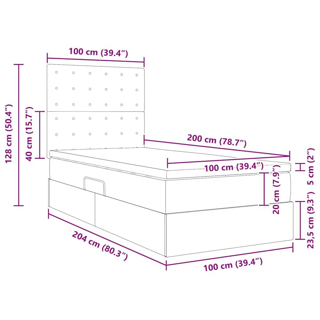 Bettaufbaudiagramm mit Abmessungen: Länge 204 cm, Breite 100 cm, Höhe 128 cm. Mit Schubladen zur Aufbewahrung, Kopfteil und Markierungen der Sockelhöhe.