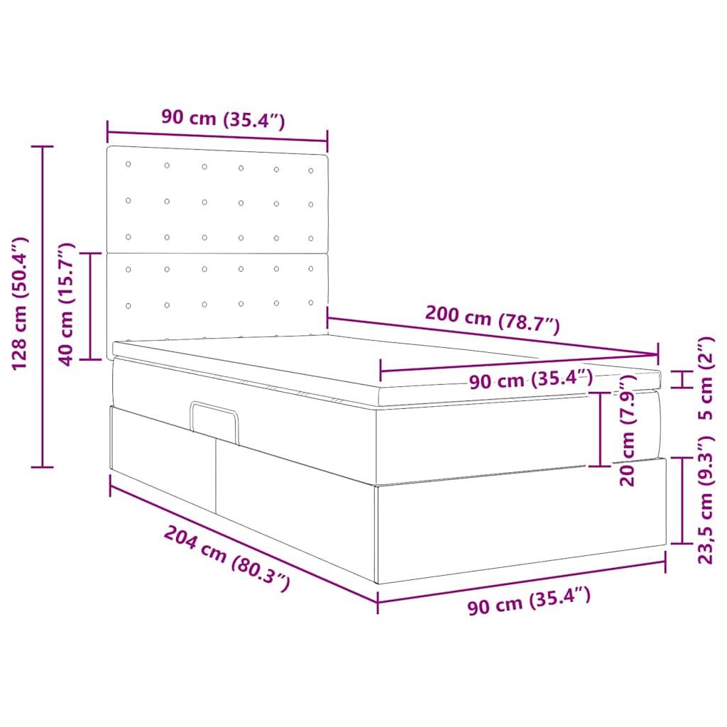 Diagramm eines Bettes mit Schubladen zur Lagerung. Abmessungen: Kopfteil 128 cm hoch, Bett 204 cm lang, 90 cm breit. Schubladenhöhe 20 cm.