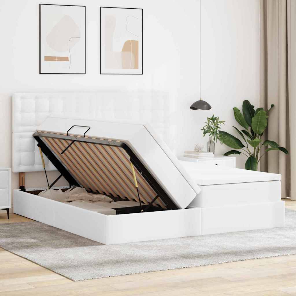 Ein modernes Schlafzimmer mit einem weißen Stahlbett mit angehobener Matratze für den Zugriff unter dem Bett. Minimalistische Dekoration, abstrakte Kunstwerke und Pflanzen bereichern den Raum.