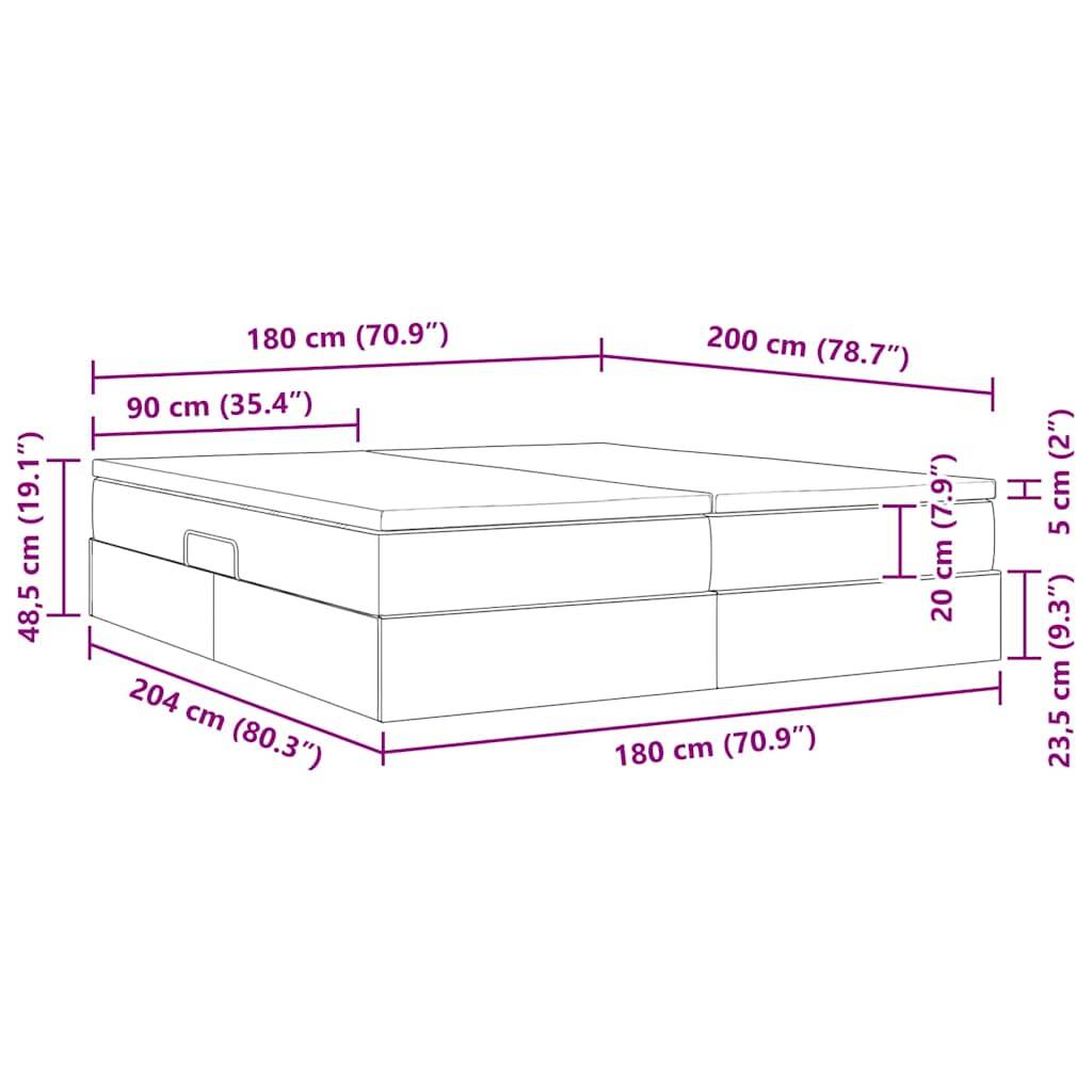Strichzeichnung eines Bettes mit Stauraumbasis, Abmessungen vermerkt: 204 cm (L), 180 cm (B), 48,5 cm (H) einschließlich Matratze und 23,5 cm Stauraum höhe.
