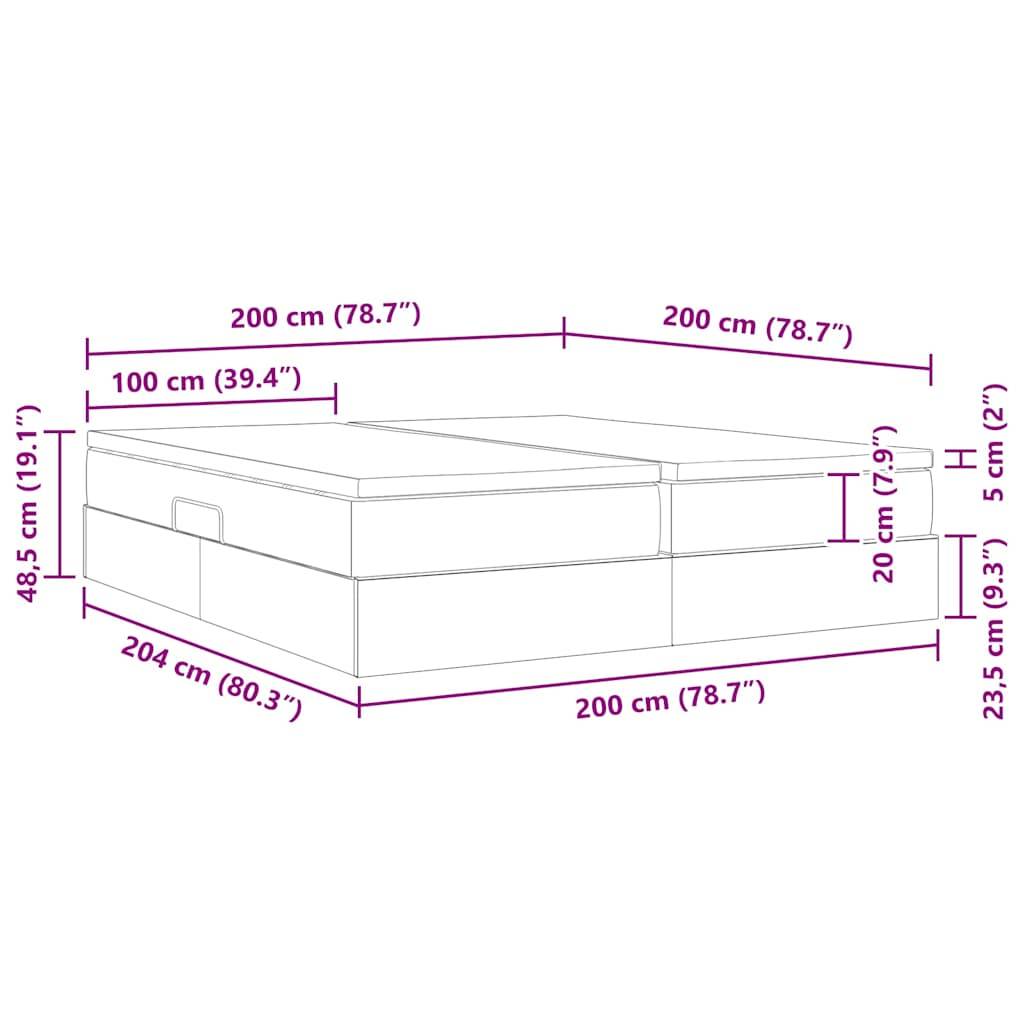 Diagramm eines Bettes mit Abmessungen: Länge 204 cm, Breite 200 cm, Höhe 48,5 cm. Zusätzliche Messungen: Fußende 23,5 cm, Kopfende 5 cm.