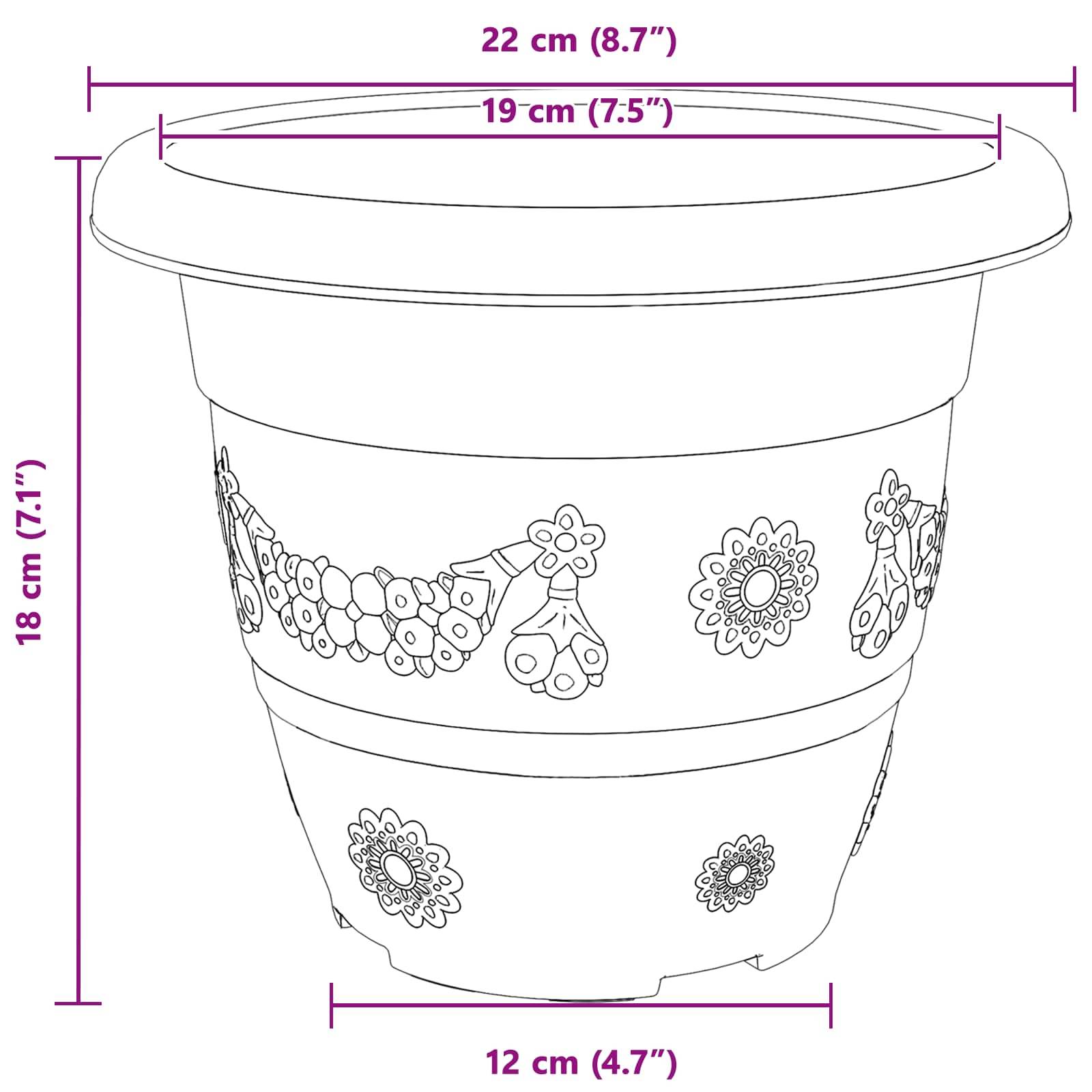 Ein Blumentopf mit dekorativen Blumenmuster wird gezeigt mit Abmessungen: Breite 22 cm (8,7