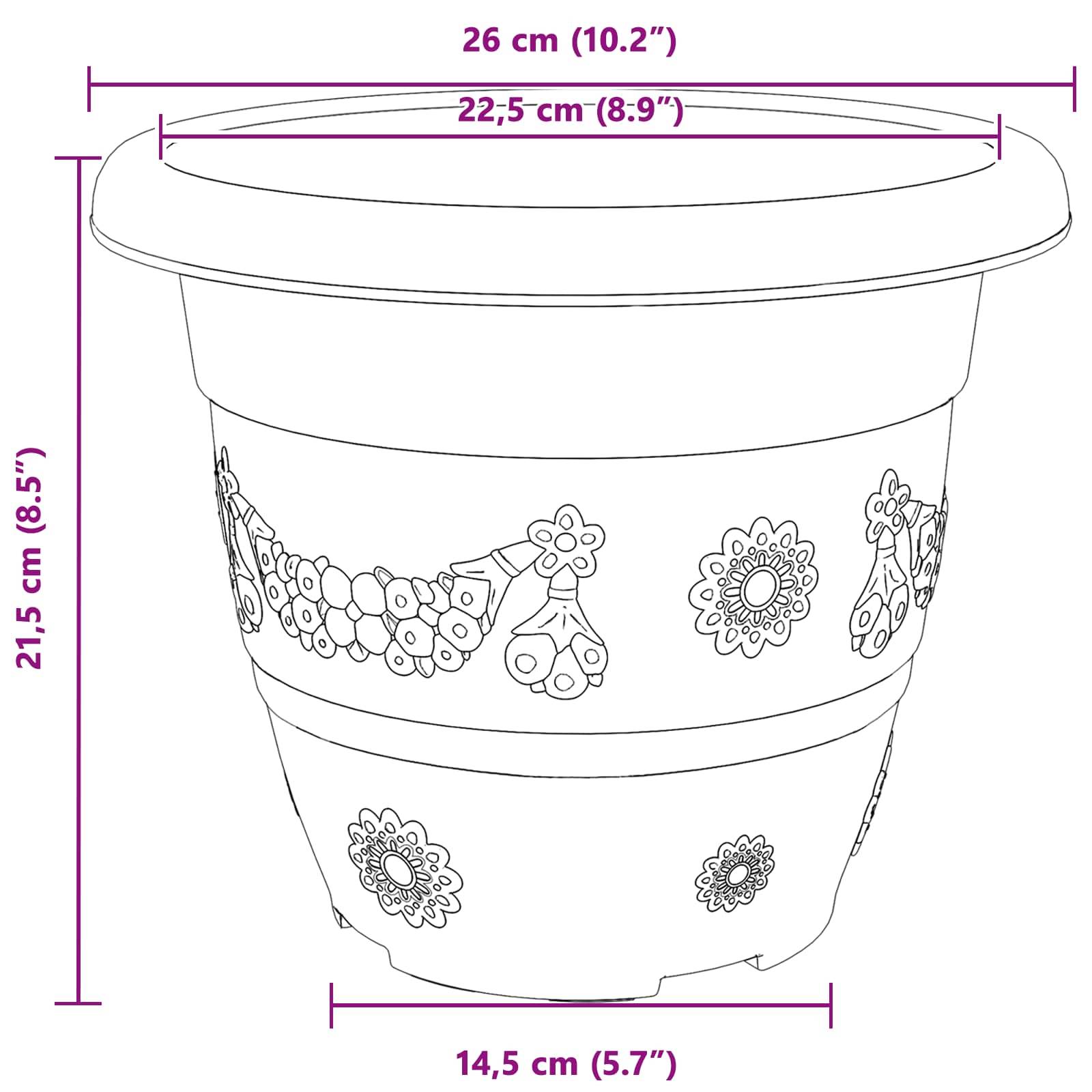 Diagramm eines dekorativen Blumentopfs mit Abmessungen: oberer Durchmesser 26 cm (10,2